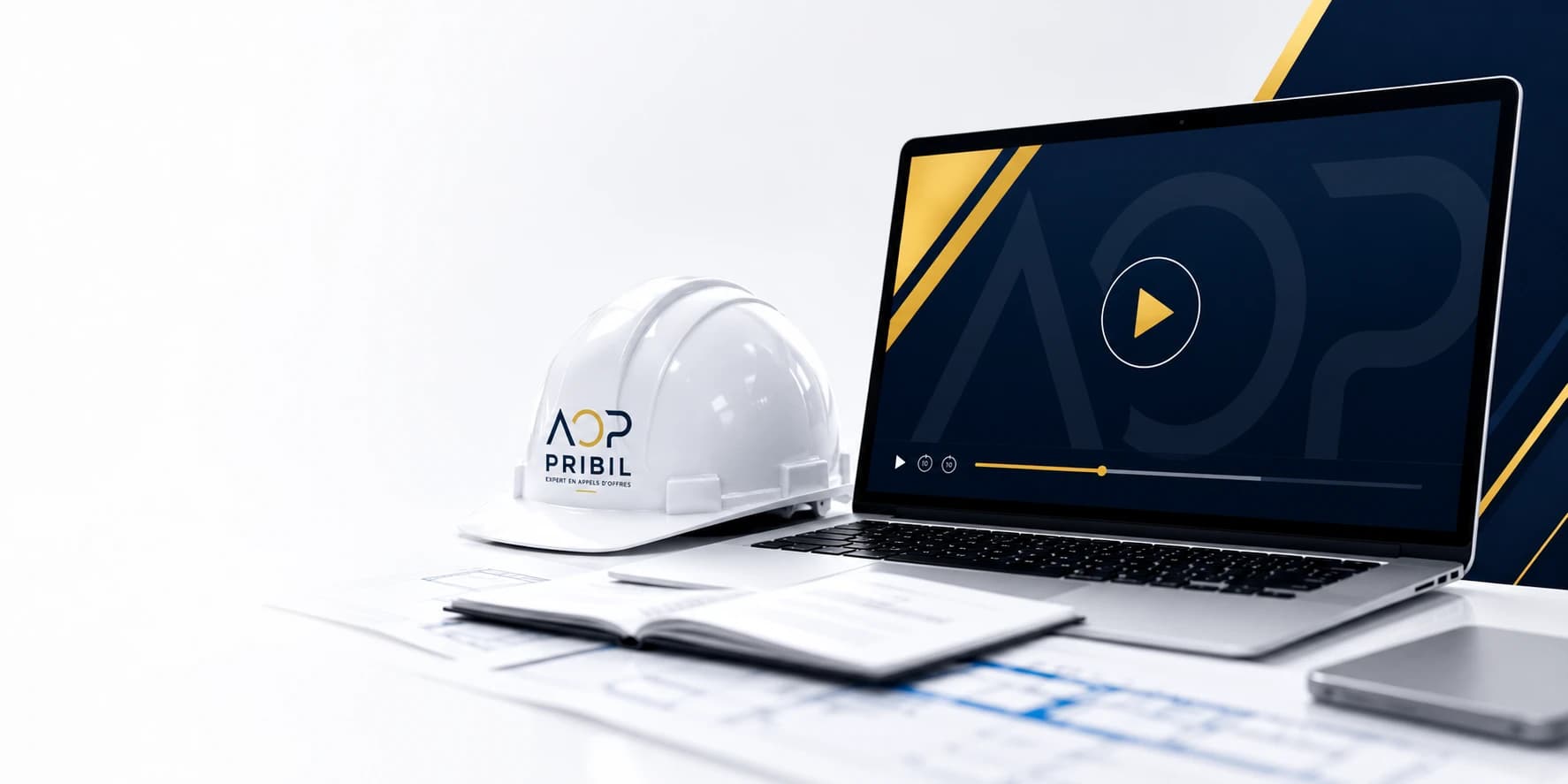 Formation AOP Pribil sur ordinateur portable, casque de chantier AOP Pribil au premier plan